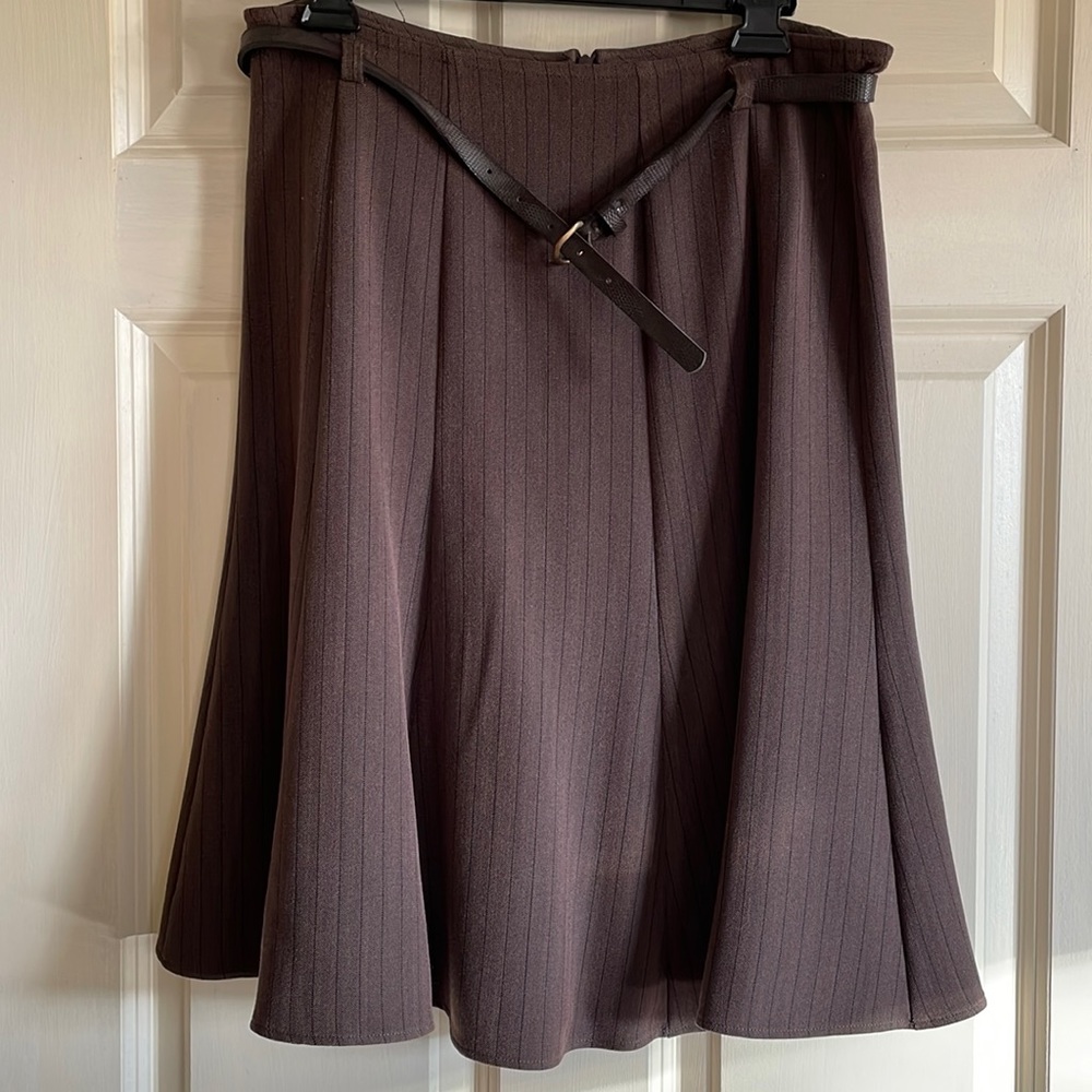 Brown pin stripe flare skirt great with boots